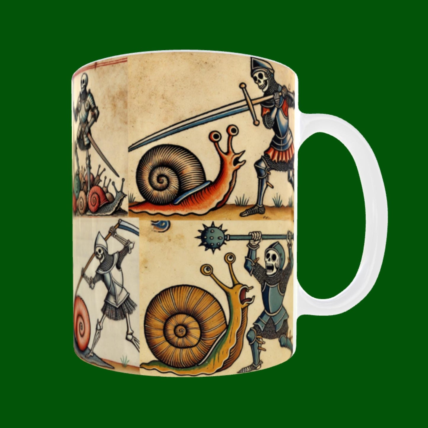 skeleton warriors gift, giant snail novelty mug, funny battle mug, unique medieval design, quirky gift for history fans