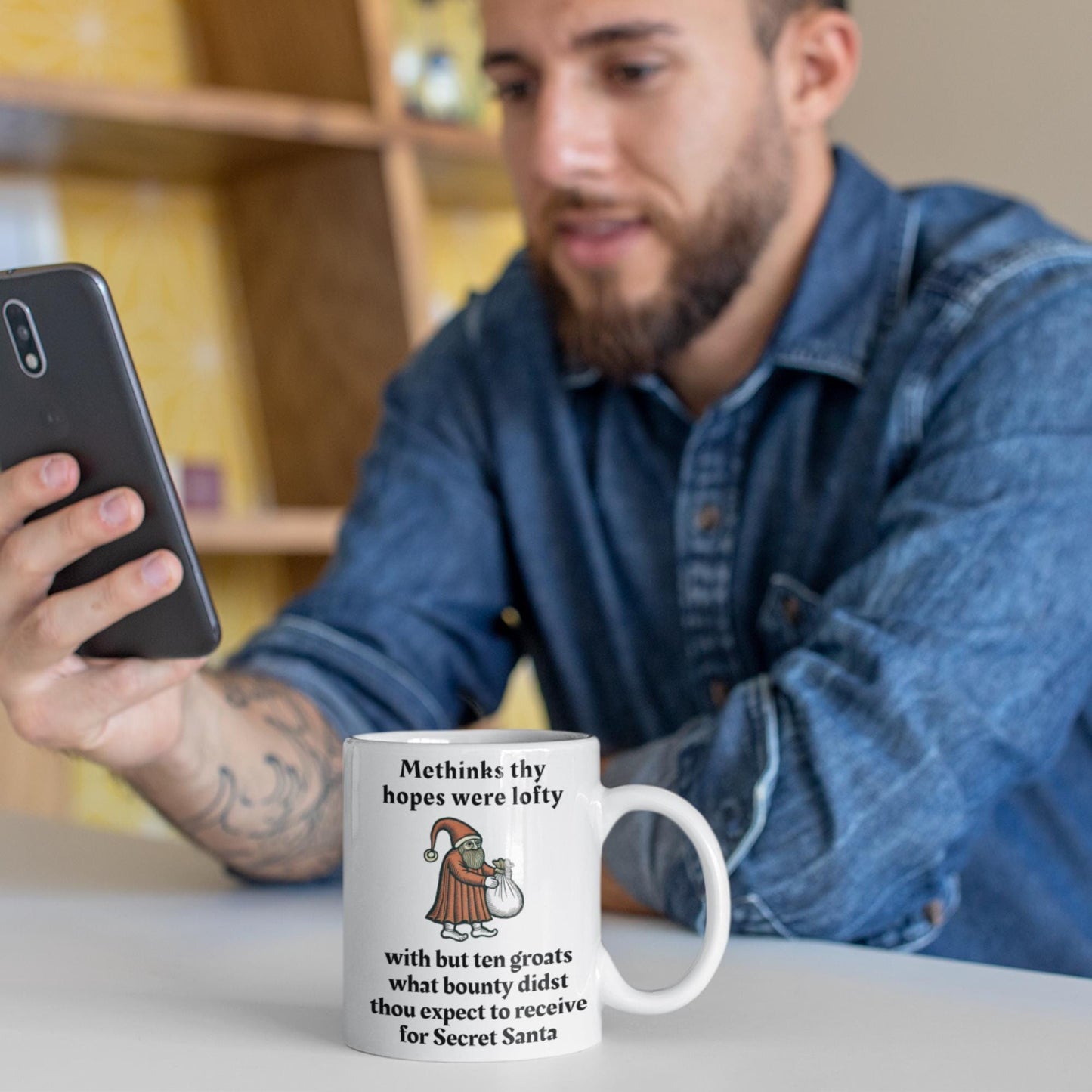 medieval art coffee mug, Secret Santa humour, unique Olde English mug, funny co-worker gift, quirky holiday exchange gift