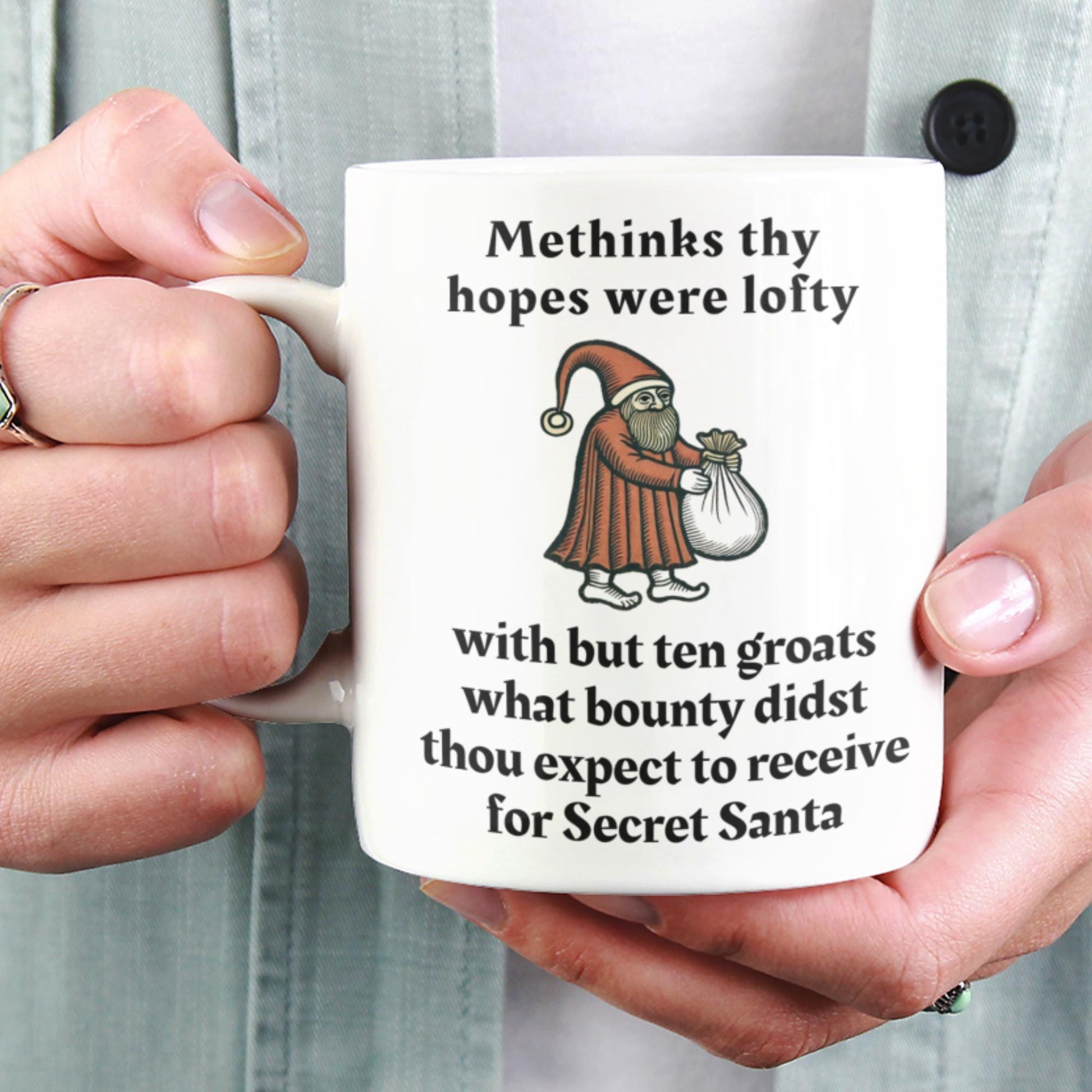 humorous medieval-style mug, office holiday gift mug, funny Christmas coffee cup, medieval Christmas mug, cheeky Secret Santa present