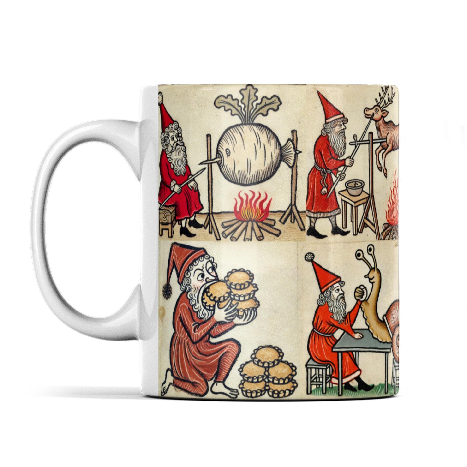 Secret Santa office gift, quirky holiday design, medieval style Santa, Christmas novelty mug, funny medieval illustrations