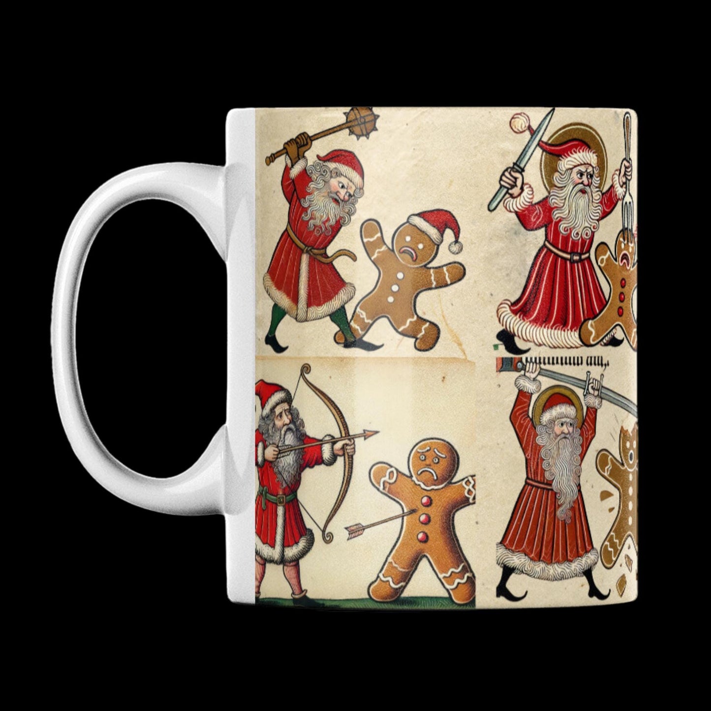 Santa marginalia art, medieval manuscript mug, quirky gift idea, gingerbread rebellion, hilarious holiday gift