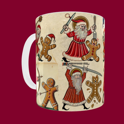 Festive marginalia art, quirky Christmas coffee cup, gingerbread men fight back, oddball holiday gifts, Santa vs cookies