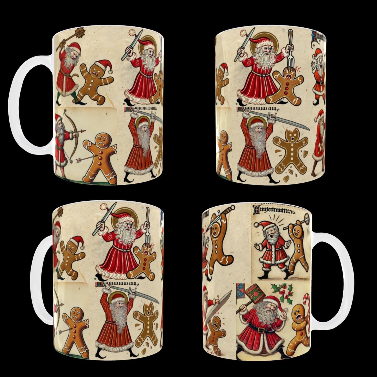 Unique Secret Santa, weird Christmas art, holiday humour mug, Santa fight scene, medieval design mug