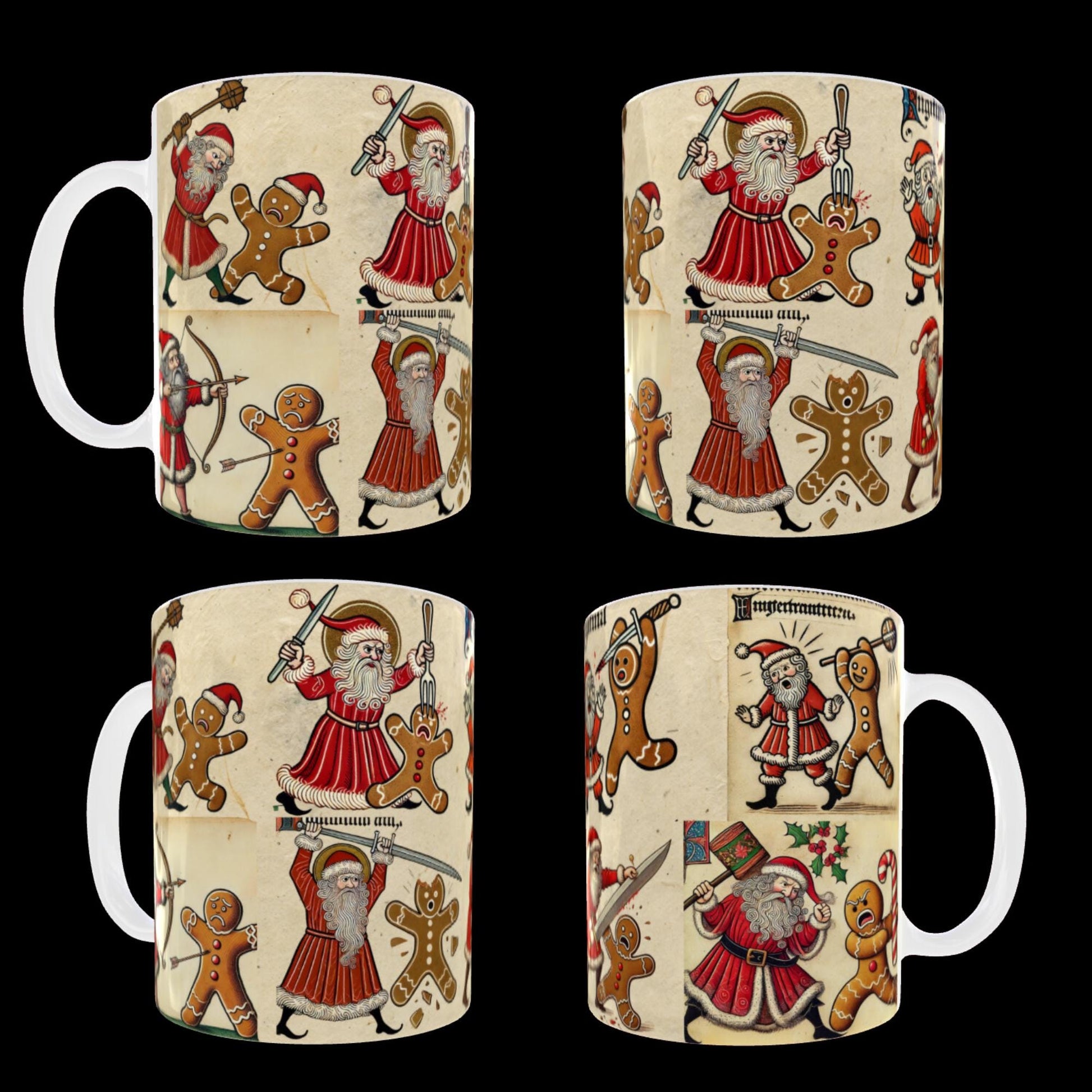 Unique Secret Santa, weird Christmas art, holiday humour mug, Santa fight scene, medieval design mug
