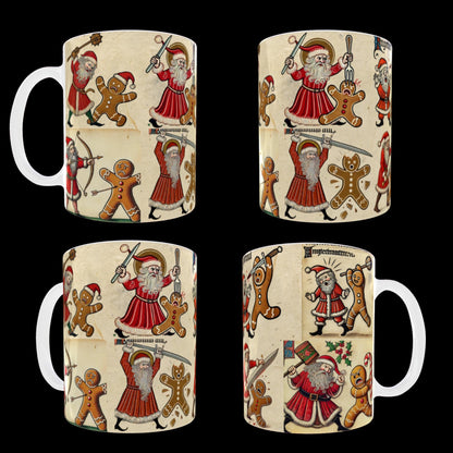 Unique Secret Santa, weird Christmas art, holiday humour mug, Santa fight scene, medieval design mug