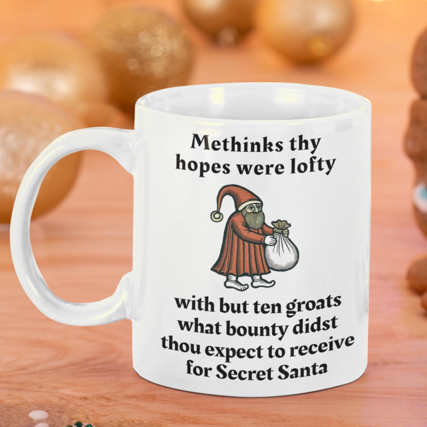 Dark academia, Olde English Secret Santa mug, medieval holiday humour, funny groats Christmas mug, unique Secret Santa ideas, humorous holiday coffee cup