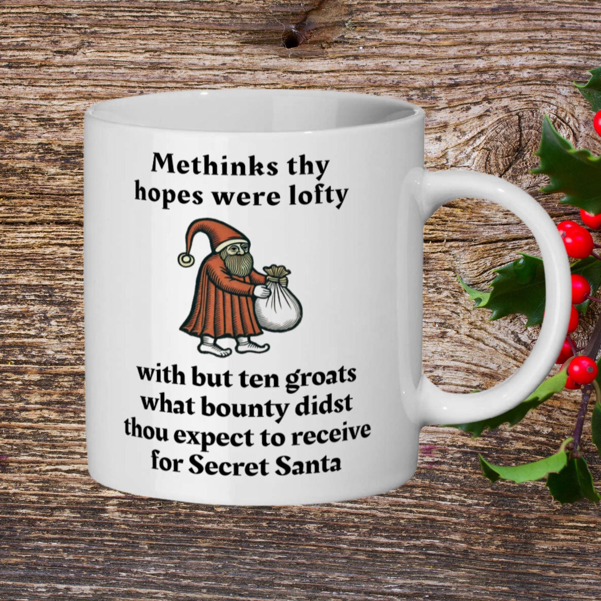 medieval Secret Santa present, funny holiday gift for colleagues, quirky Christmas coffee cup, humorous 11 oz ceramic mug, unique holiday mug gift