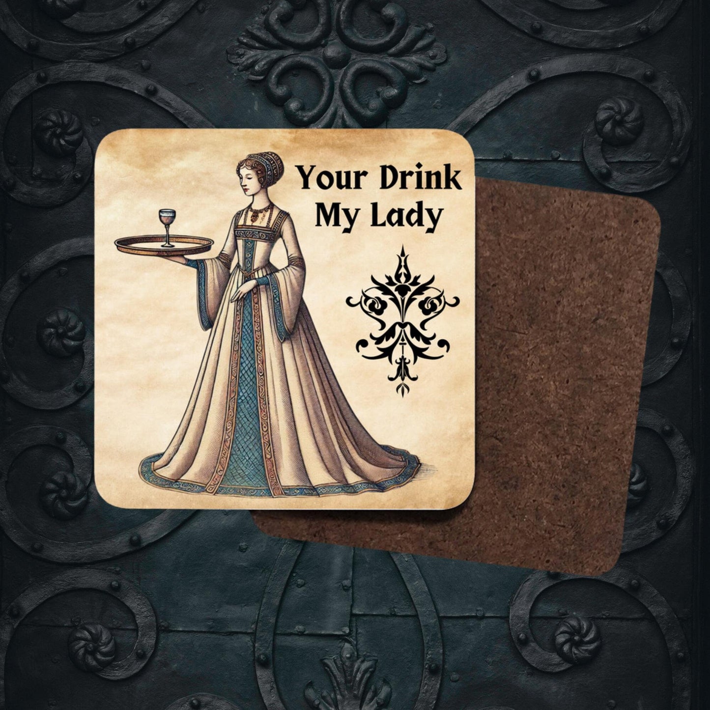 Single coaster featuring a medieval lady holding a drink on a tray, perfect for protecting surfaces with a historical theme