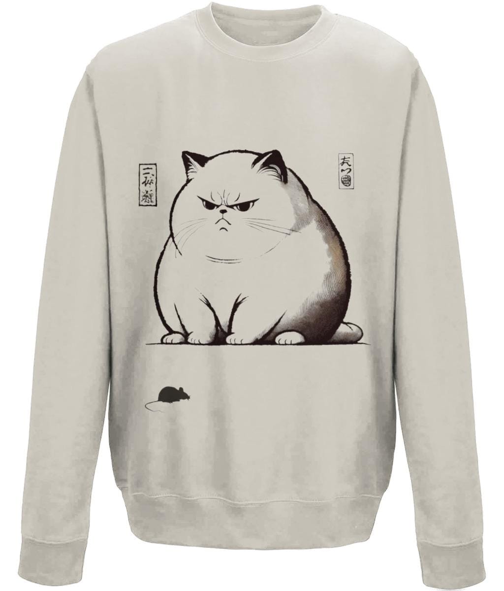 traditional Japanese art clothing, funny fat cat sweatshirt, mouse and cat humour apparel, unique gift for art lovers, modern Ukiyo-e clothing