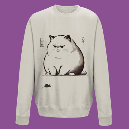 Japanese aesthetic clothing, woodblock cat design, traditional art with humour, cute cat and mouse apparel, comfortable artistic sweatshirt