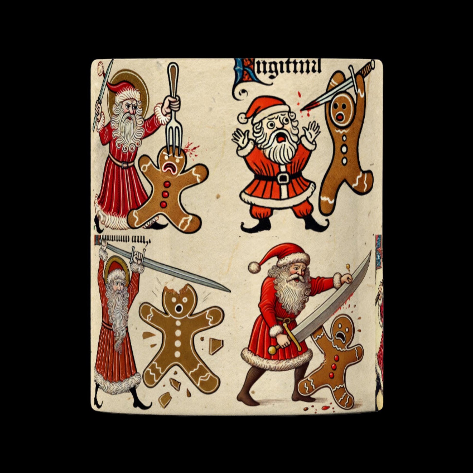 Gingerbread vs Santa, medieval manuscript style, holiday gag gift, weird Christmas mug, festive coffee cup