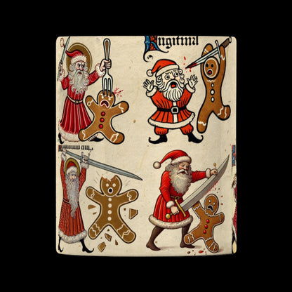 Gingerbread vs Santa, medieval manuscript style, holiday gag gift, weird Christmas mug, festive coffee cup
