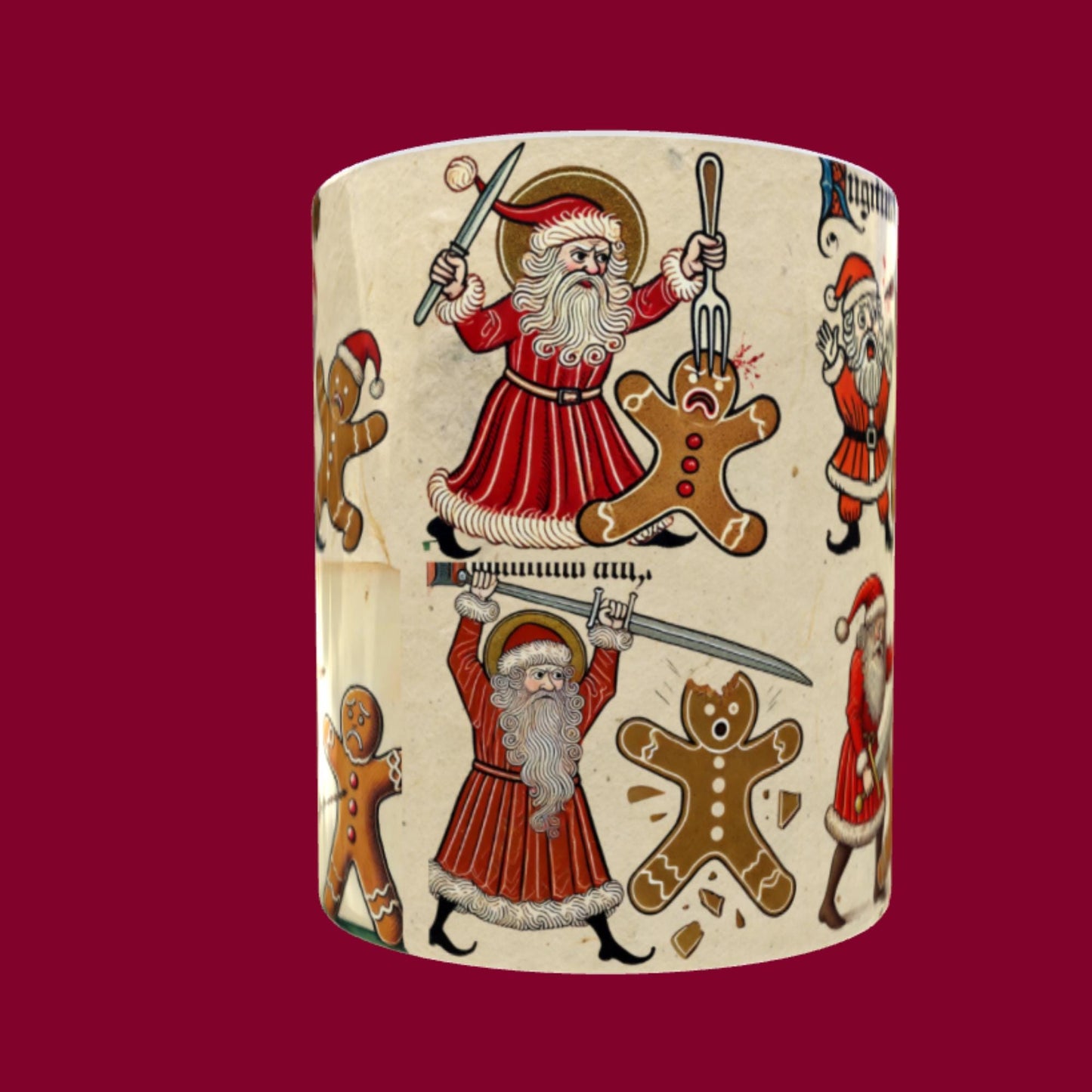 Christmas eve gift, Medieval-inspired holiday gift, funny gingerbread men, manuscript-style mug, dark Christmas humour, Santa slays cookies