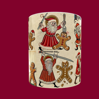 Christmas eve gift, Medieval-inspired holiday gift, funny gingerbread men, manuscript-style mug, dark Christmas humour, Santa slays cookies
