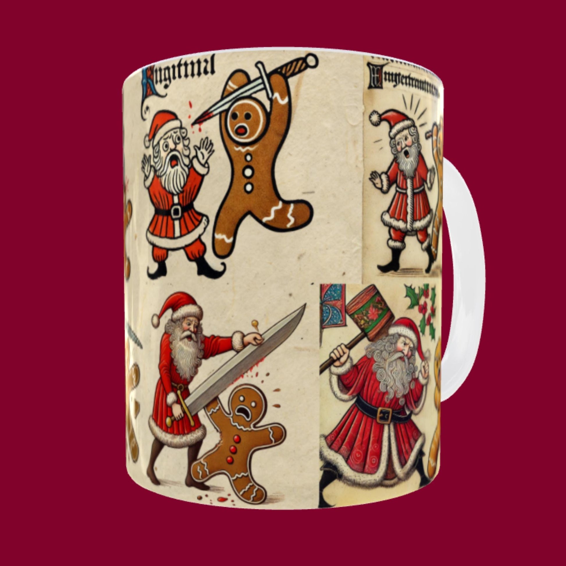 Christmas medieval chaos, gingerbread fight mug, festive gag gift, unusual holiday decor, Santa-themed mug
