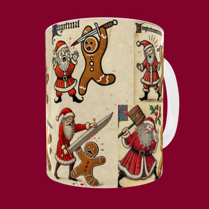 Christmas medieval chaos, gingerbread fight mug, festive gag gift, unusual holiday decor, Santa-themed mug