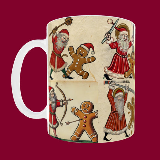 Medieval Christmas mug, Santa gingerbread battle, funny holiday mug, dark humour Christmas, quirky festive gift