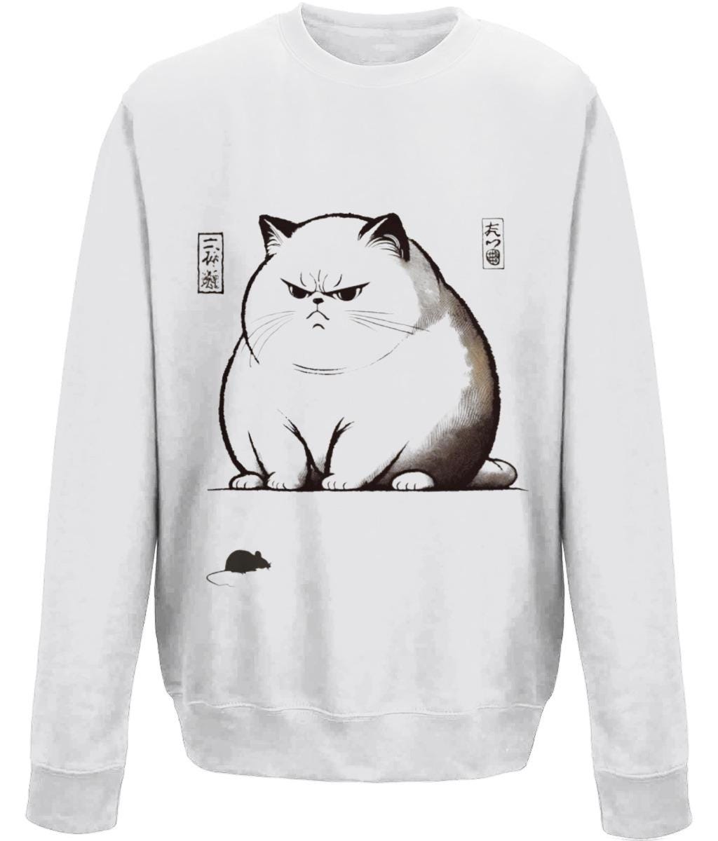 cat lover clothing, quirky Japanese art shirt, fat cat watching mouse sweatshirt, artistic apparel for pet lovers, humorous cat fashion