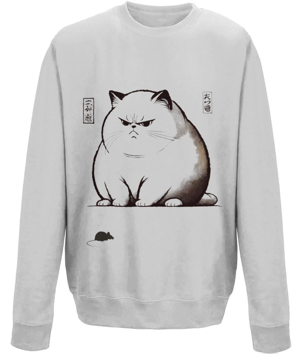 Ukiyo-e inspired sweatshirt, fat cat design clothing, Japanese art sweatshirt, quirky cat lover gift, unique animal art apparel