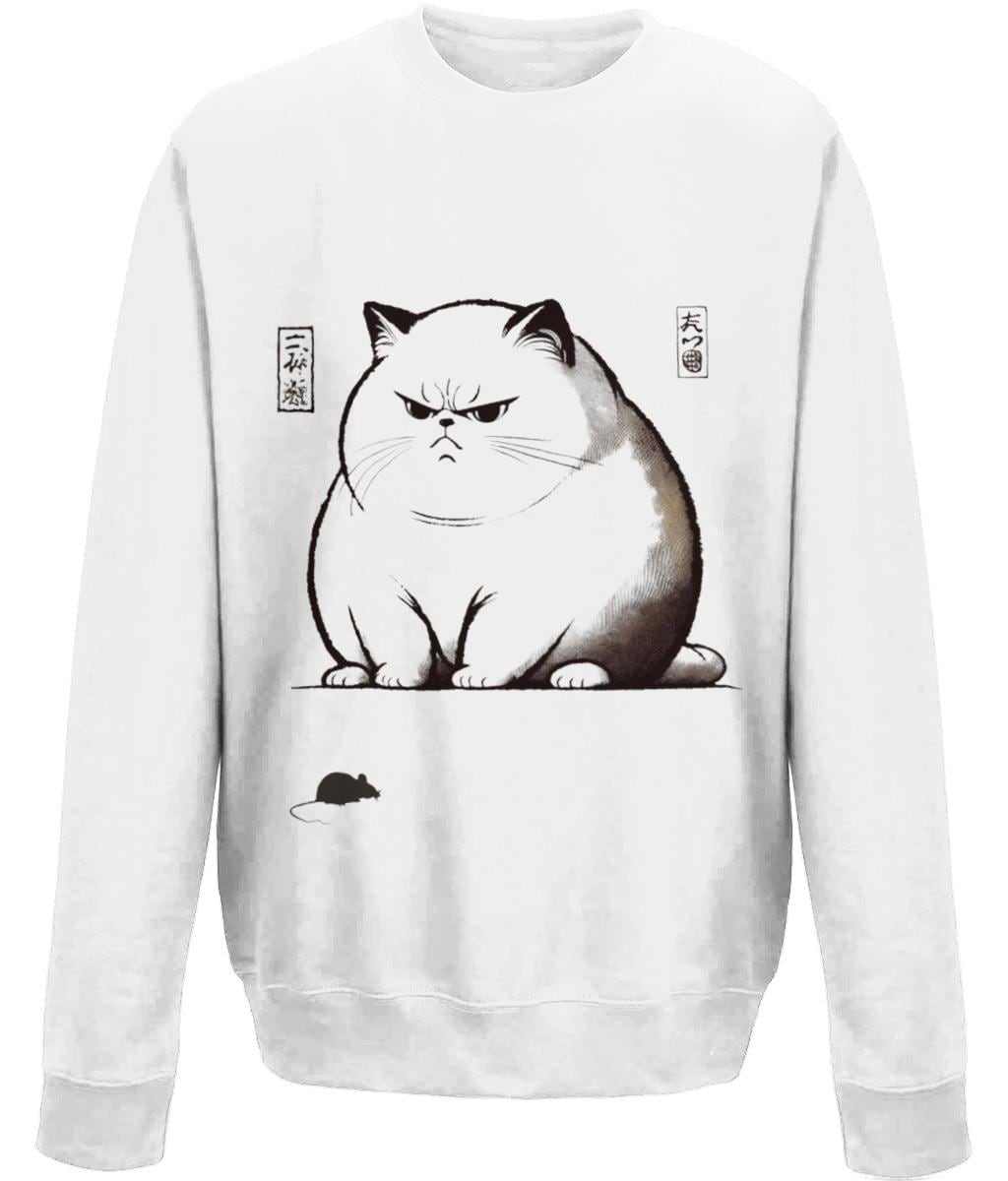 Japanese woodblock style sweatshirt, cat and mouse design, art-inspired casual wear, gift for cat enthusiasts, cosy artistic clothing