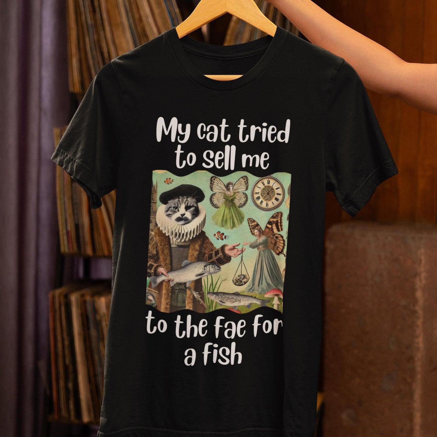 Cat lovers&#39; fantasy t-shirt, Hilarious fae folklore design, Whimsical faerie and cat shirt, Surreal Renaissance-inspired t-shirt, Cat and magical trade illustration