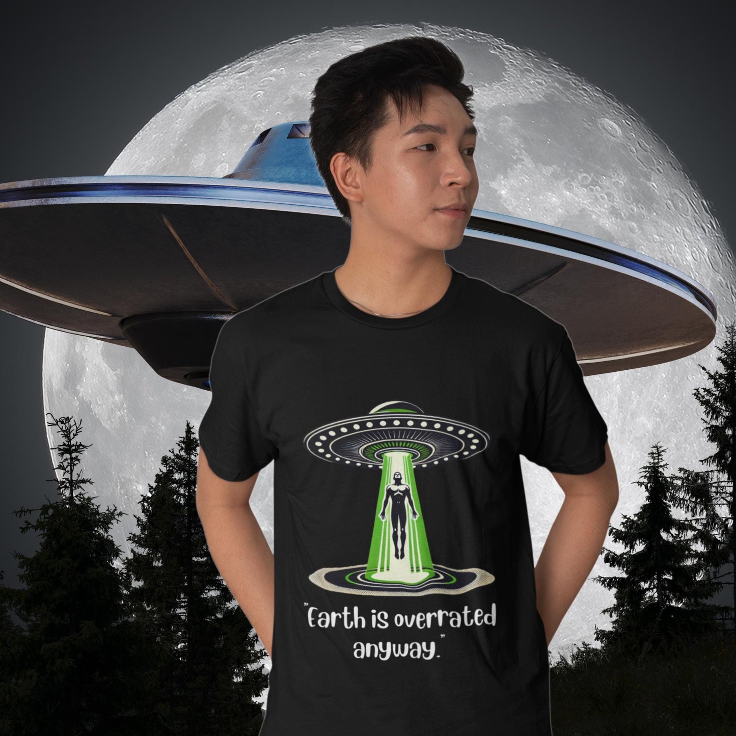UFO beam graphic tee, sci-fi space shirt, extraterrestrial lover gift
Alien-themed humour clothing, quirky UFO gift, funny space abduction shirt
