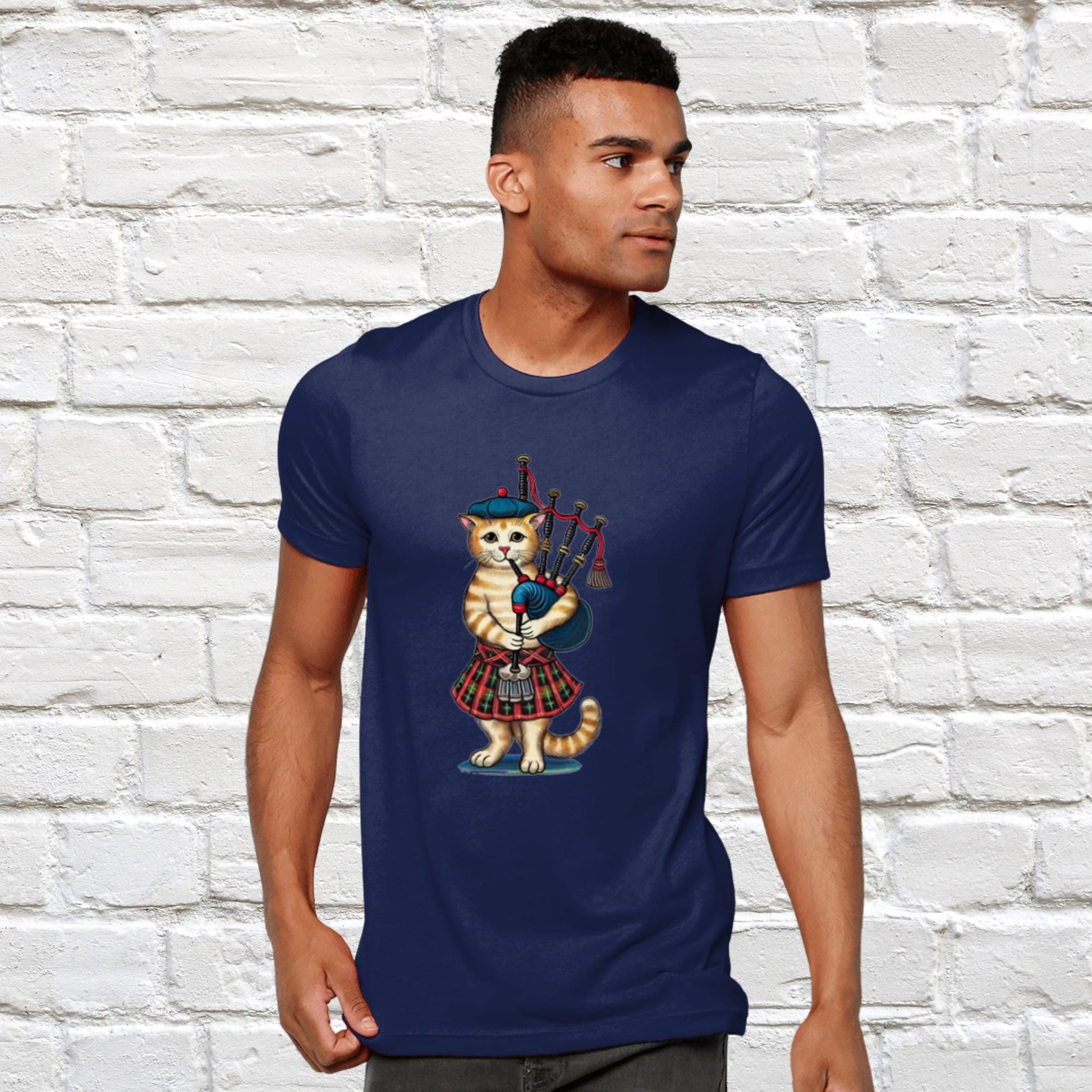 Hilarious cat musician t-shirt with a Scottish heritage theme, perfect gift for bagpipe players. Cat lover gift.