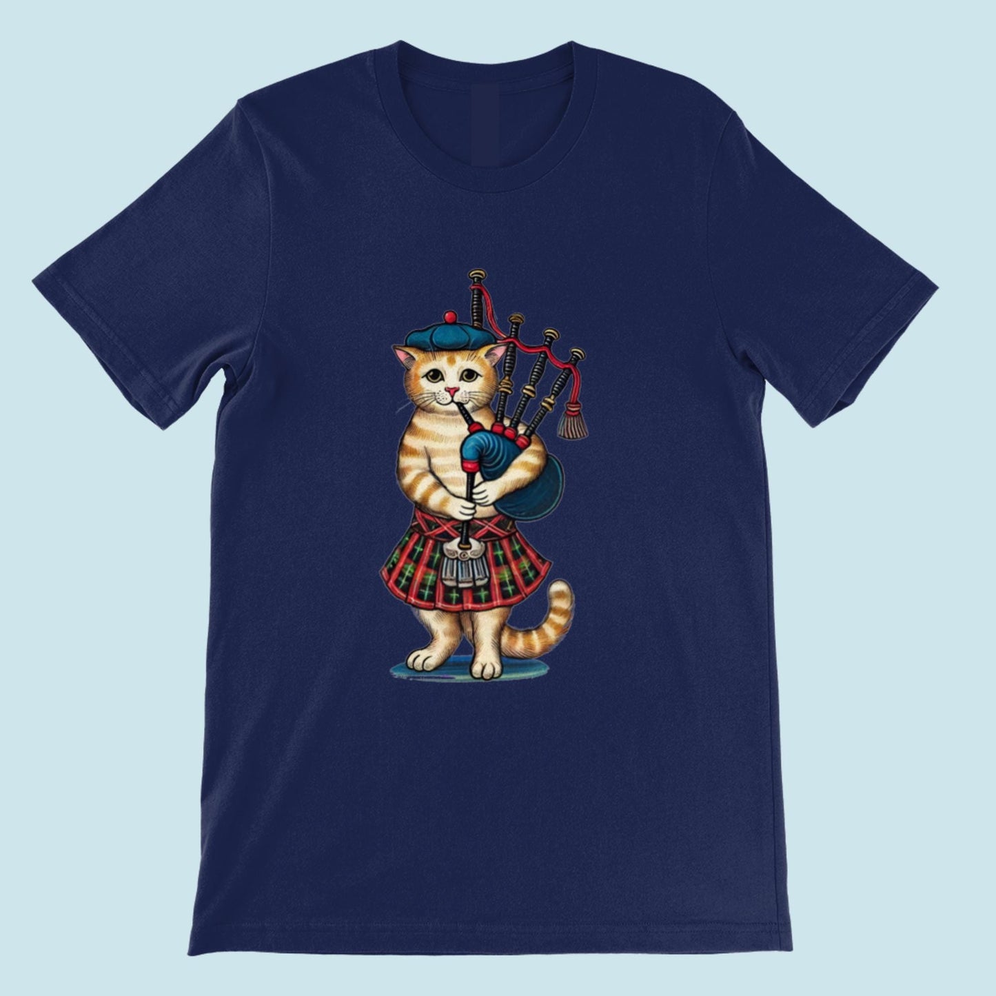 Whimsical cat playing bagpipes, historical Scottish music-themed t-shirt for cat lovers and musicians