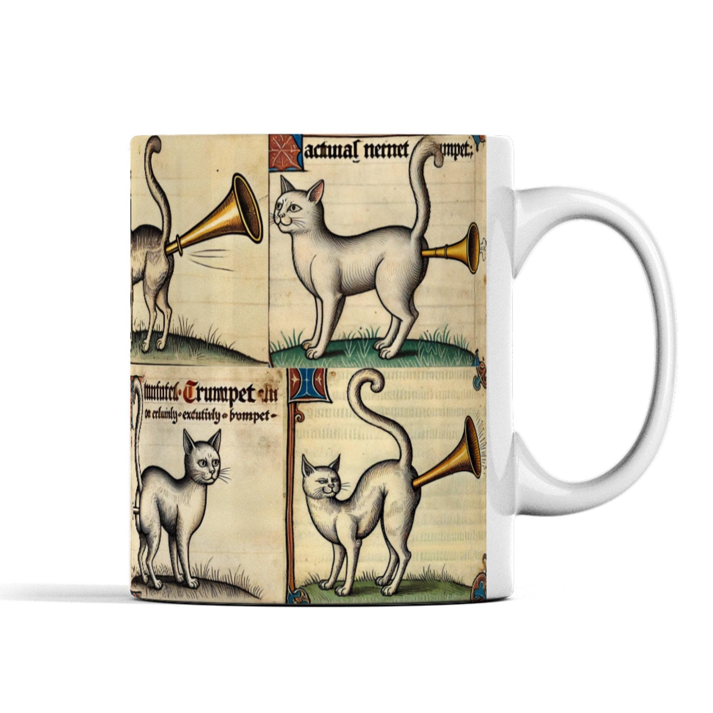 Hilarious cat coffee mug featuring medieval artwork of mischievous cats tooting trumpets, inspired by actual medieval marginalia. Great gift for cat lovers!