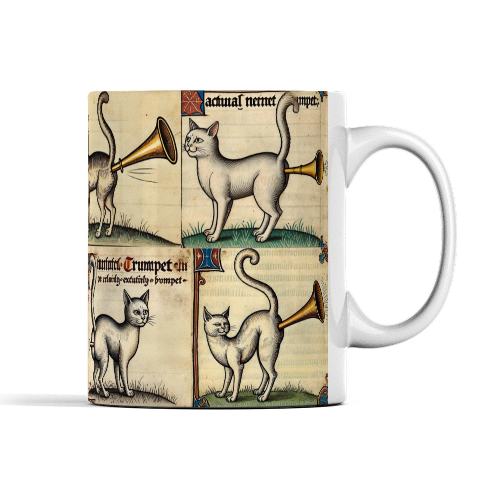Hilarious cat coffee mug featuring medieval artwork of mischievous cats tooting trumpets, inspired by actual medieval marginalia. Great gift for cat lovers!