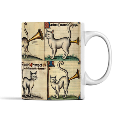 Hilarious cat coffee mug featuring medieval artwork of mischievous cats tooting trumpets, inspired by actual medieval marginalia. Great gift for cat lovers!