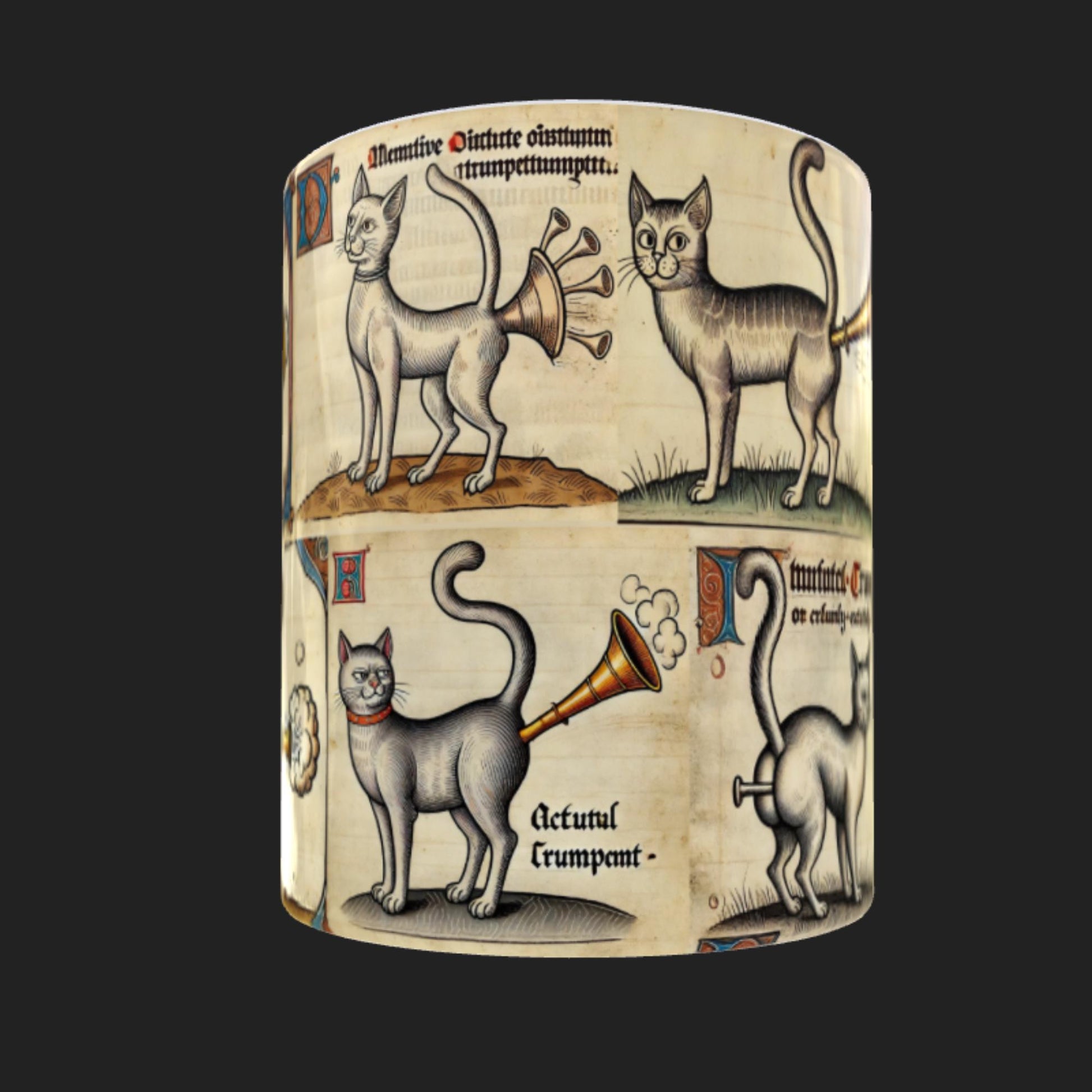 Unique cat lover gift mug with a humorous wrap-around medieval manuscript design of cheeky cats with trumpet tails. A great addition to any coffee lover’s collection.