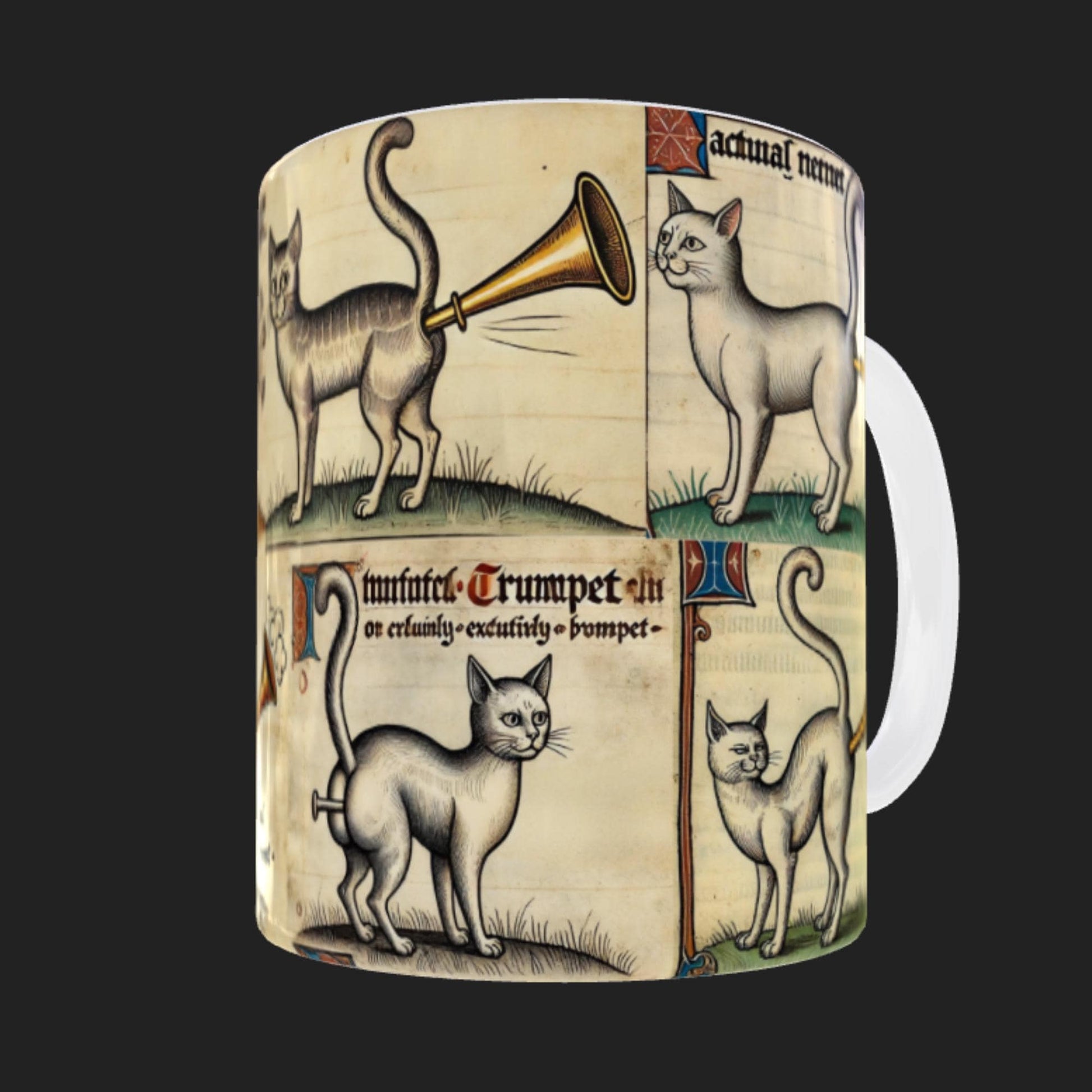 Funny historical humour mug with medieval-inspired cat illustrations tooting trumpets, a perfect quirky gift for lovers of historical oddities and manuscript illuminations.