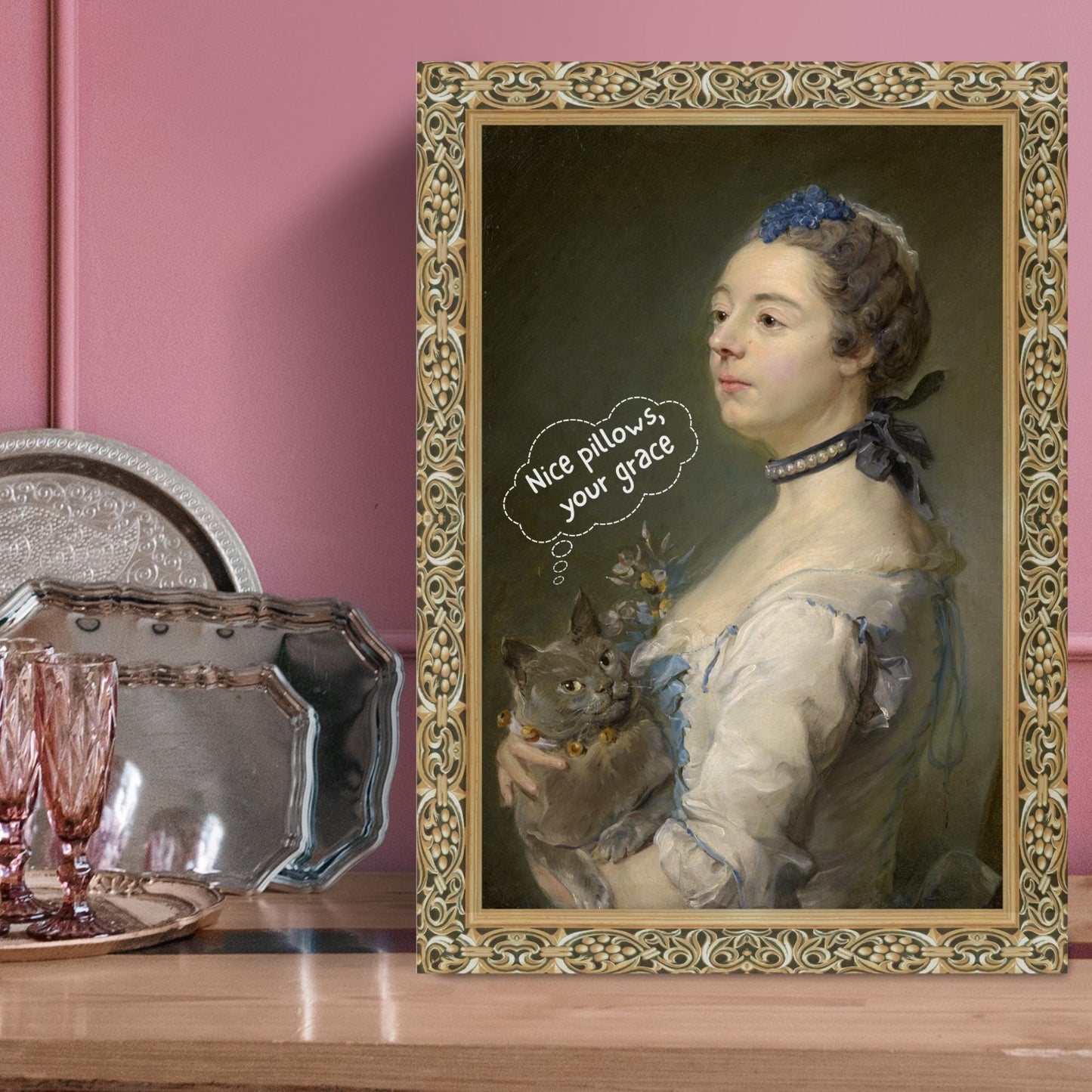 Classical-style art print with a humorous twist, showing a noblewoman in a vintage portrait holding a cat with a joke saying