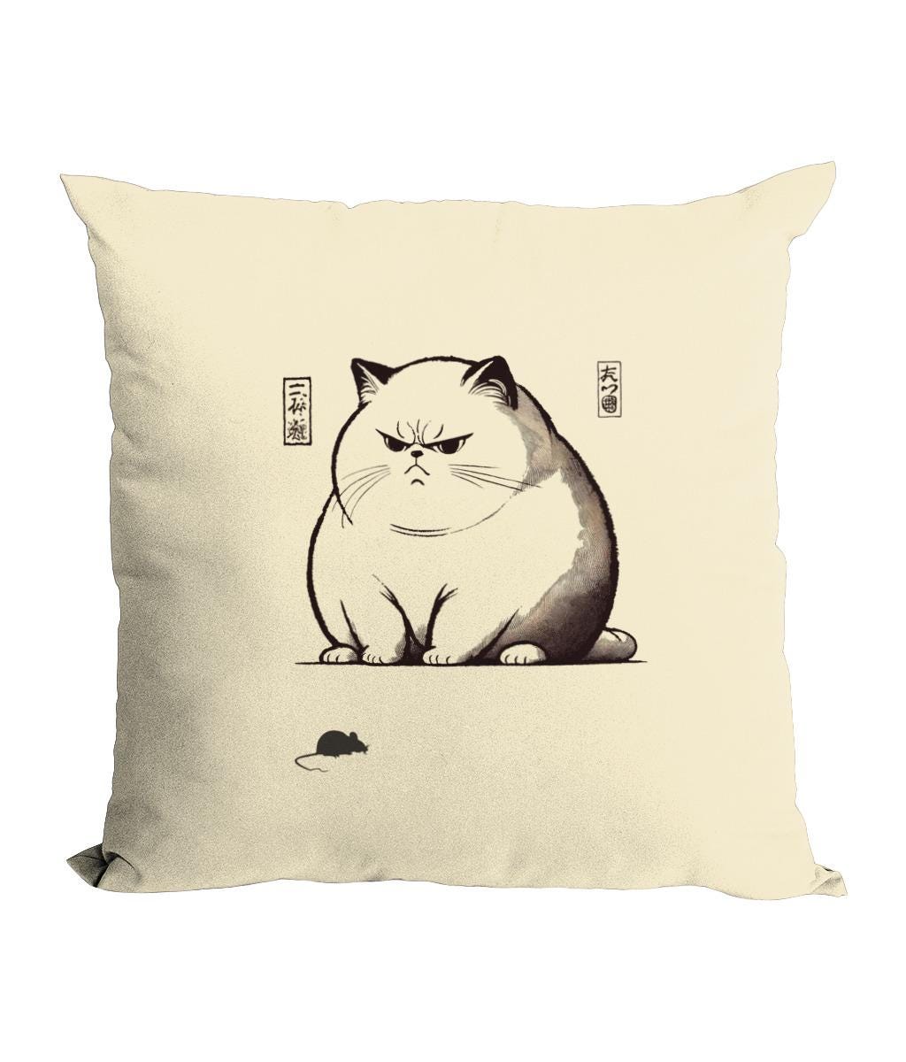 Hand-drawn style chonky cat illustration on a 100% cotton canvas cushion cover, designed in the aesthetic of classic Japanese artwork