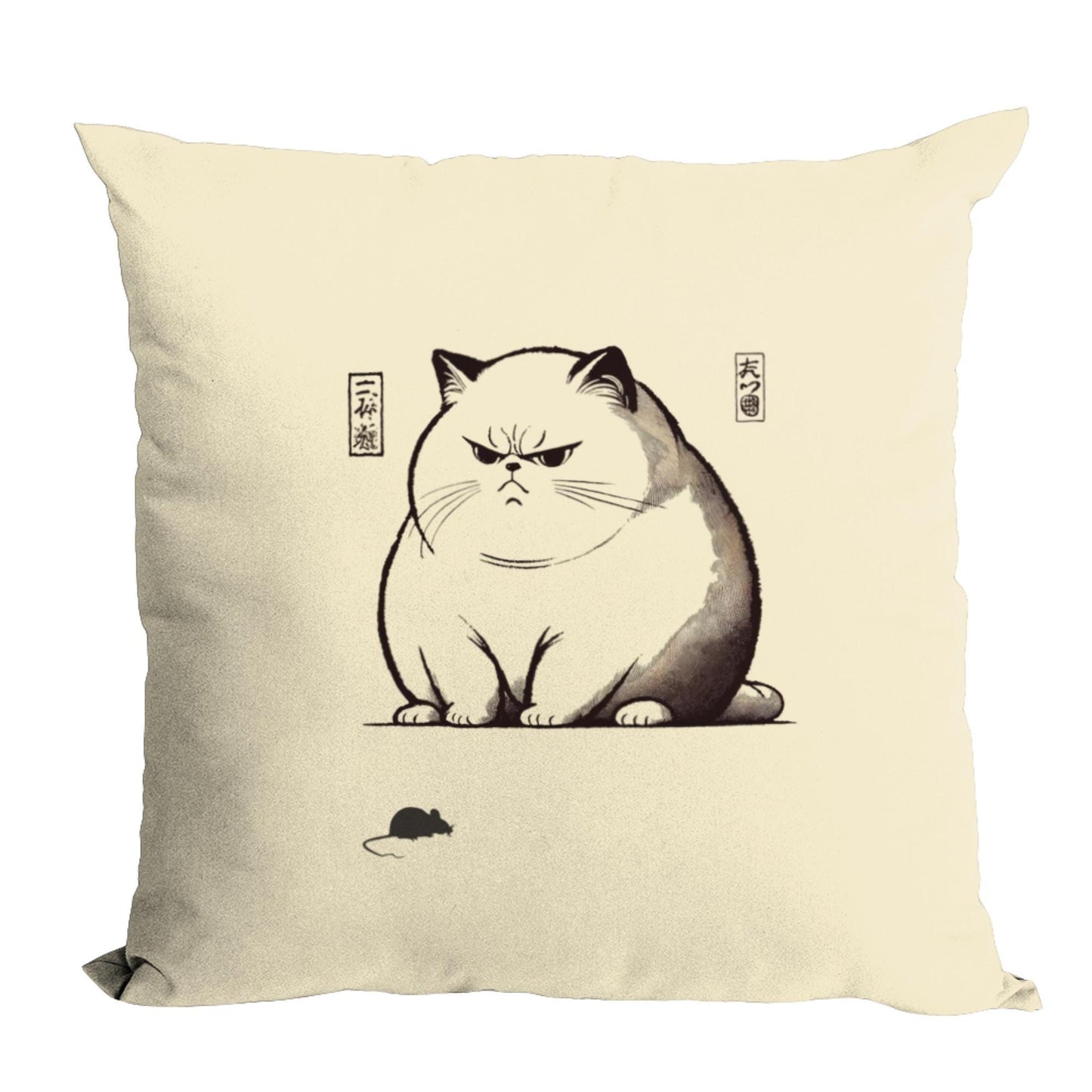 A square cotton cushion cover with a traditional Matsumoto Hoji-style cat design, highlighting textured shading and expressive feline features