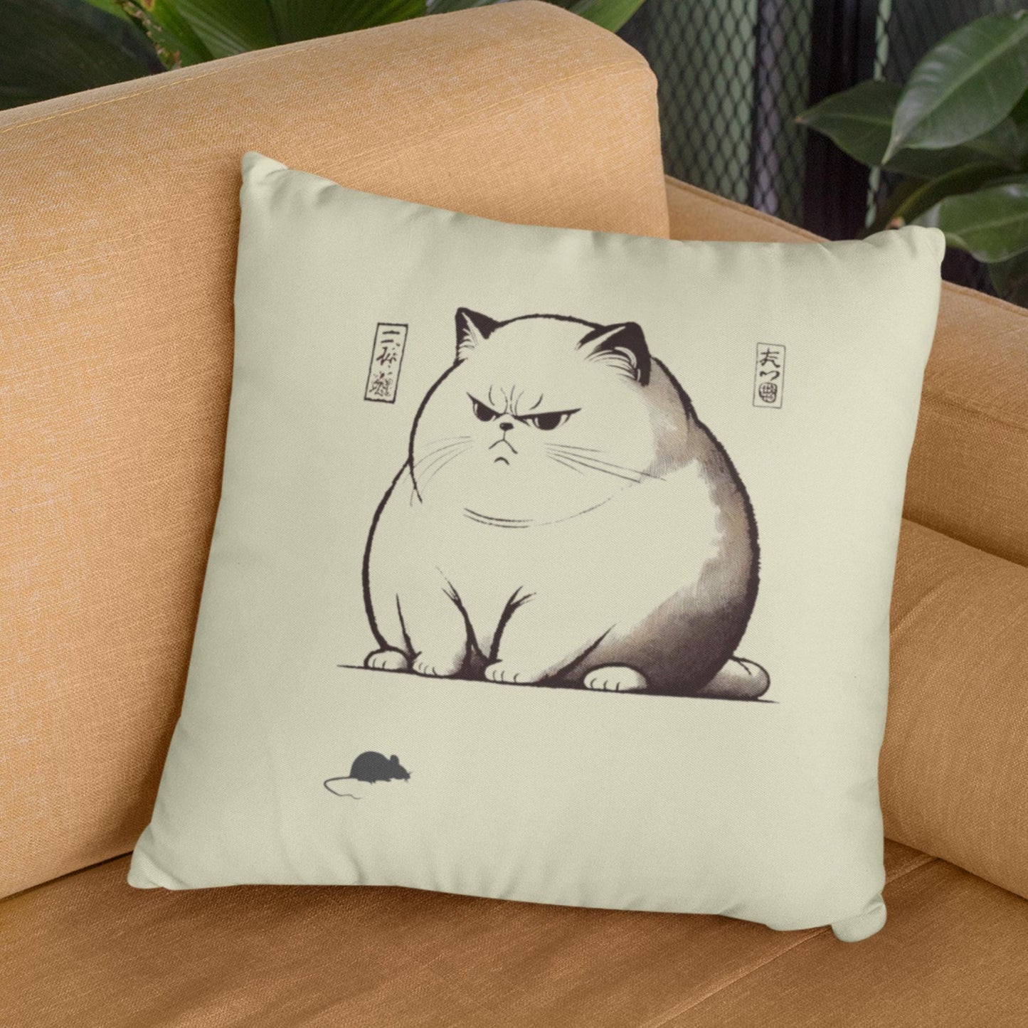 High-quality, Fairtrade cotton cushion cover with a playful, moody cat artwork, blending contemporary humor with traditional Japanese ink art