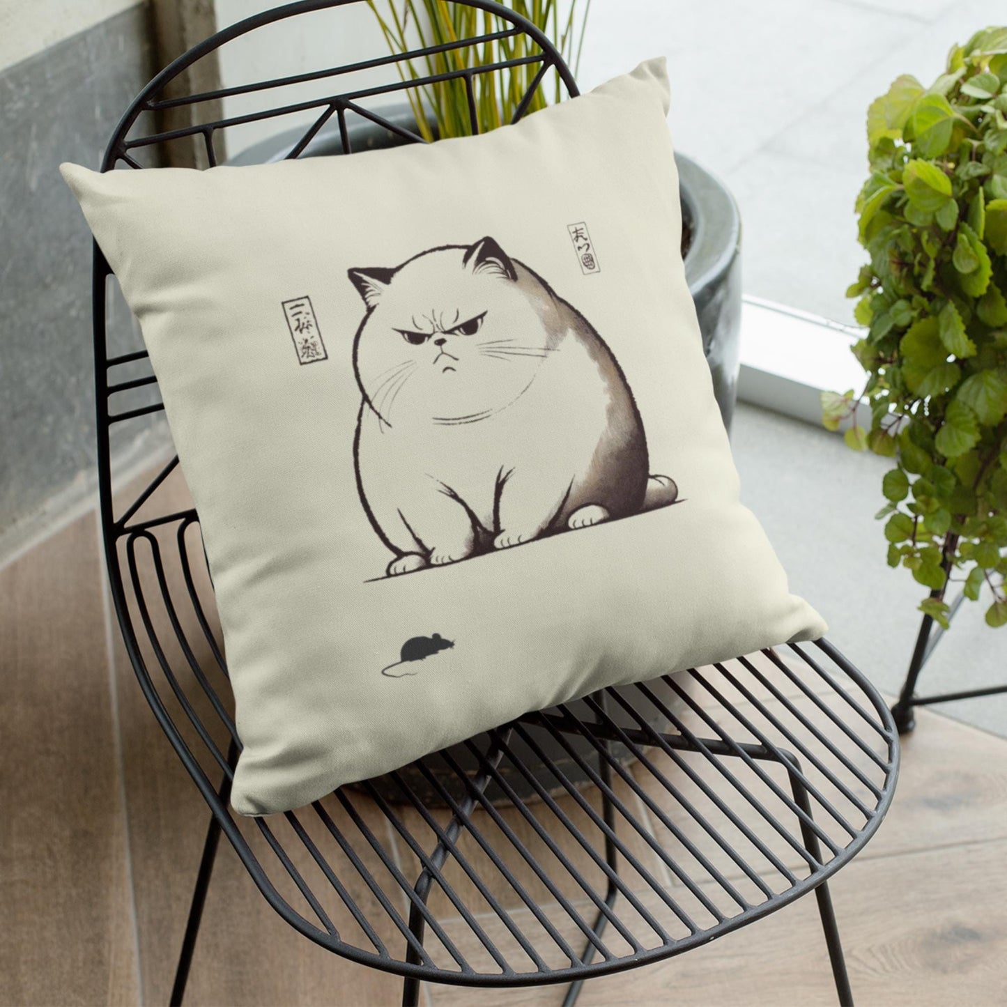 a Japanese-inspired chonky cat design on a natural cotton cushion cover, showing detailed brushstroke-style shading and a concealed zip closure