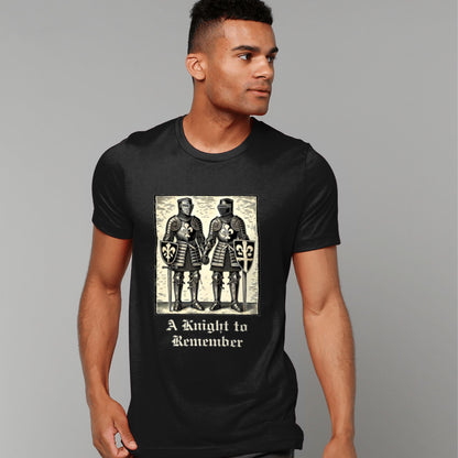 Black shirt with a vintage engraving of two gay knights standing side by side, hand in hand, with fleur-de-lis shields and an old English phrase below.