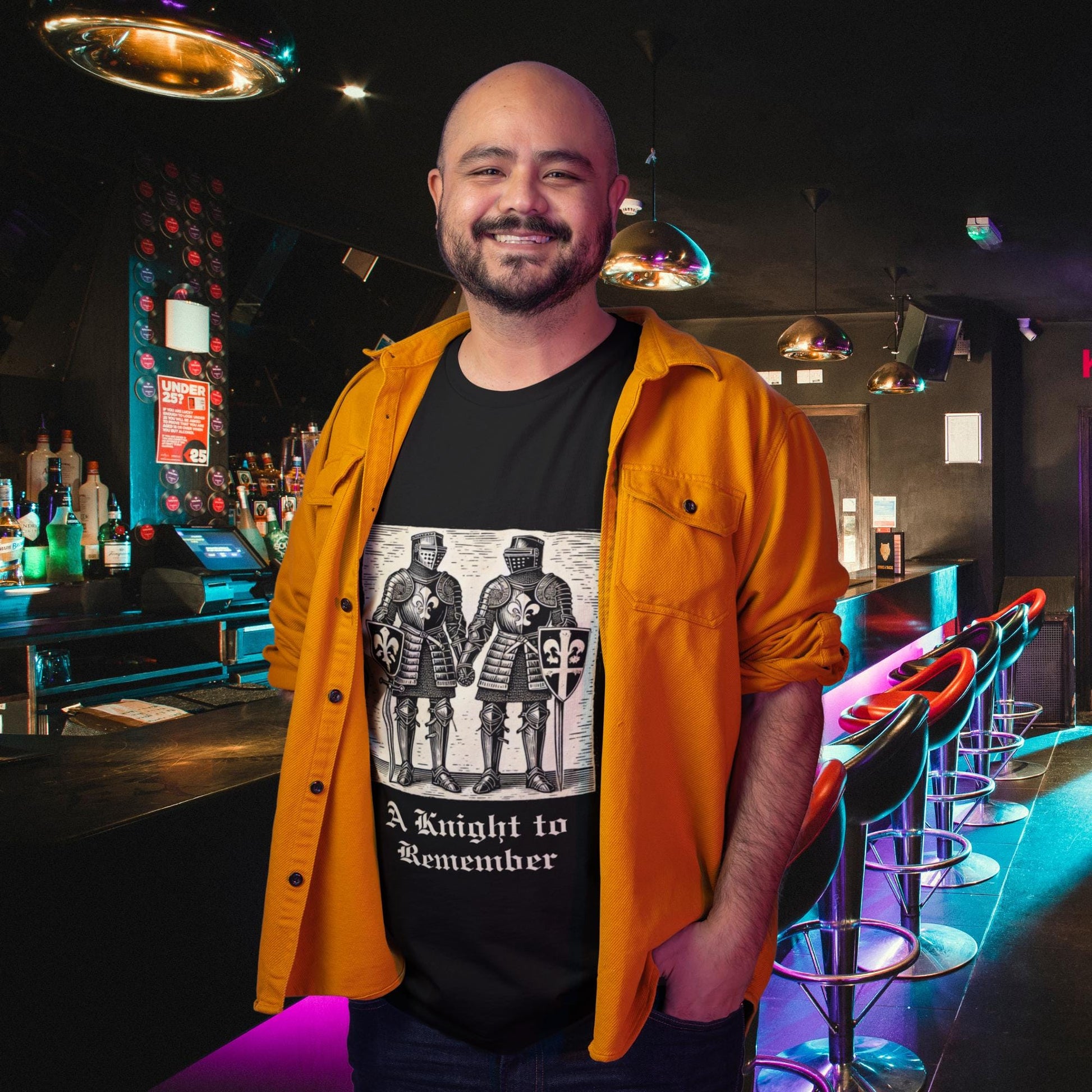 LGBTQ+ medieval-themed t-shirt with a vintage woodcut of two knights clasping hands, wearing ornate armour with heraldic symbols, and a funny pun slogan.