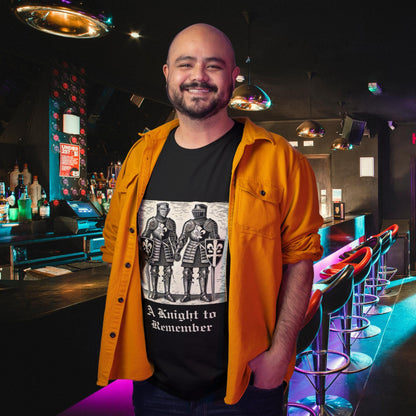 LGBTQ+ medieval-themed t-shirt with a vintage woodcut of two knights clasping hands, wearing ornate armour with heraldic symbols, and a funny pun slogan.