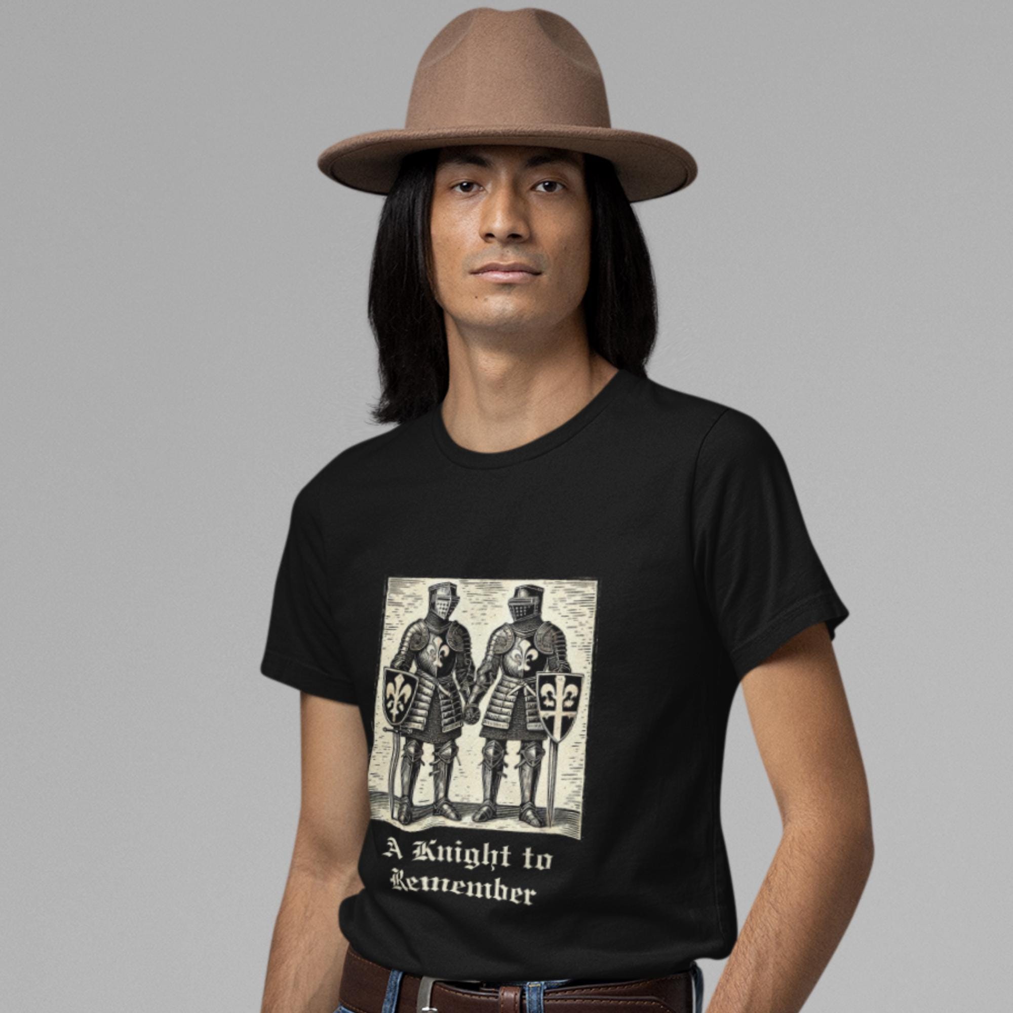 Two noble knights, clad in historic armour, stand proudly holding hands on this Renaissance fair and pride-friendly tee, captioned with a punny phrase.