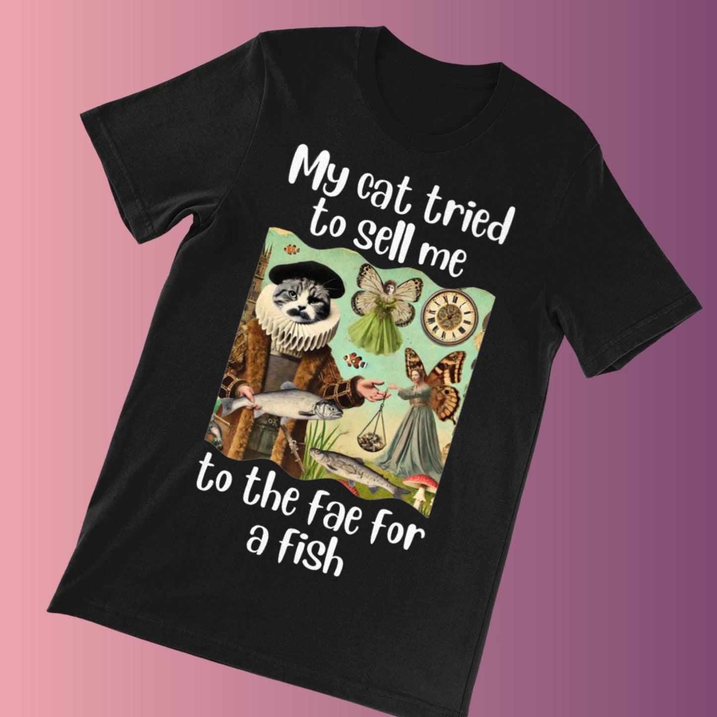 Absurdist cat and fae trade shirt, Unique funny fantasy design, Vintage-inspired cat funny tee, Mischievous feline in Renaissance ruff, Cat trading for fish whimsical shirt