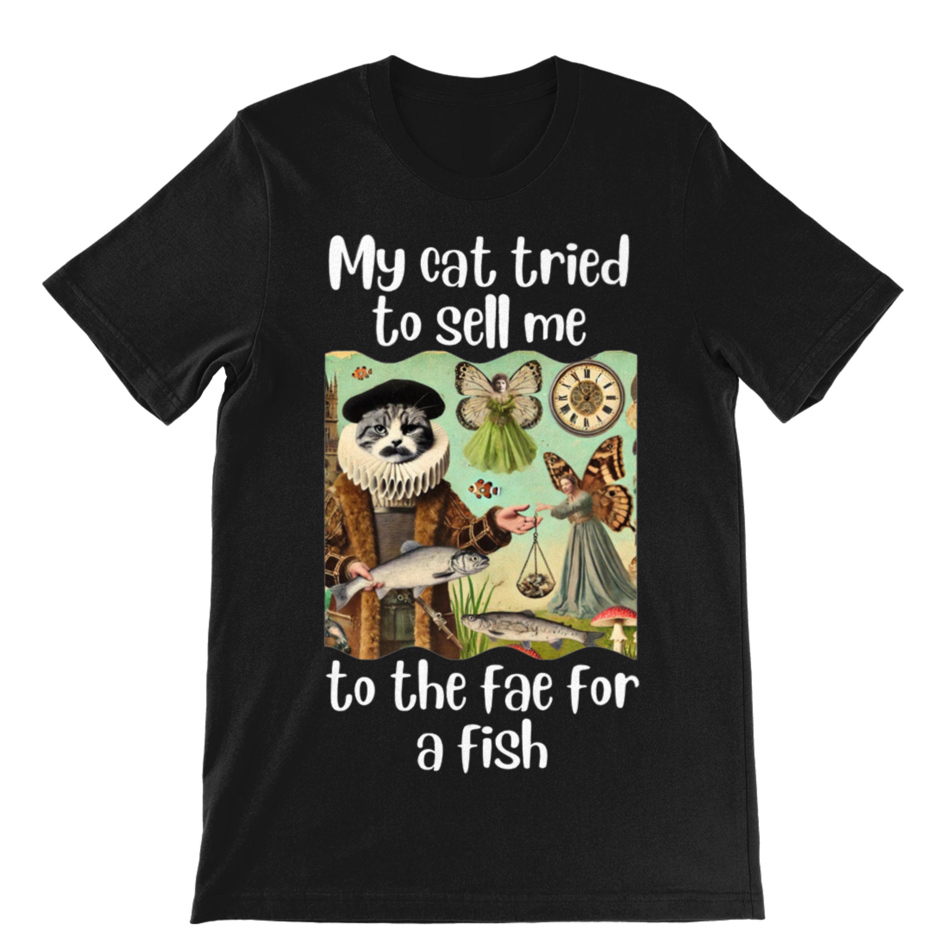 Cat and fae trade t-shirt art, Hilarious feline mischief design, Fantasy-themed funny cat shirt, Renaissance-style whimsical apparel, Funny story-inspired cat shirt