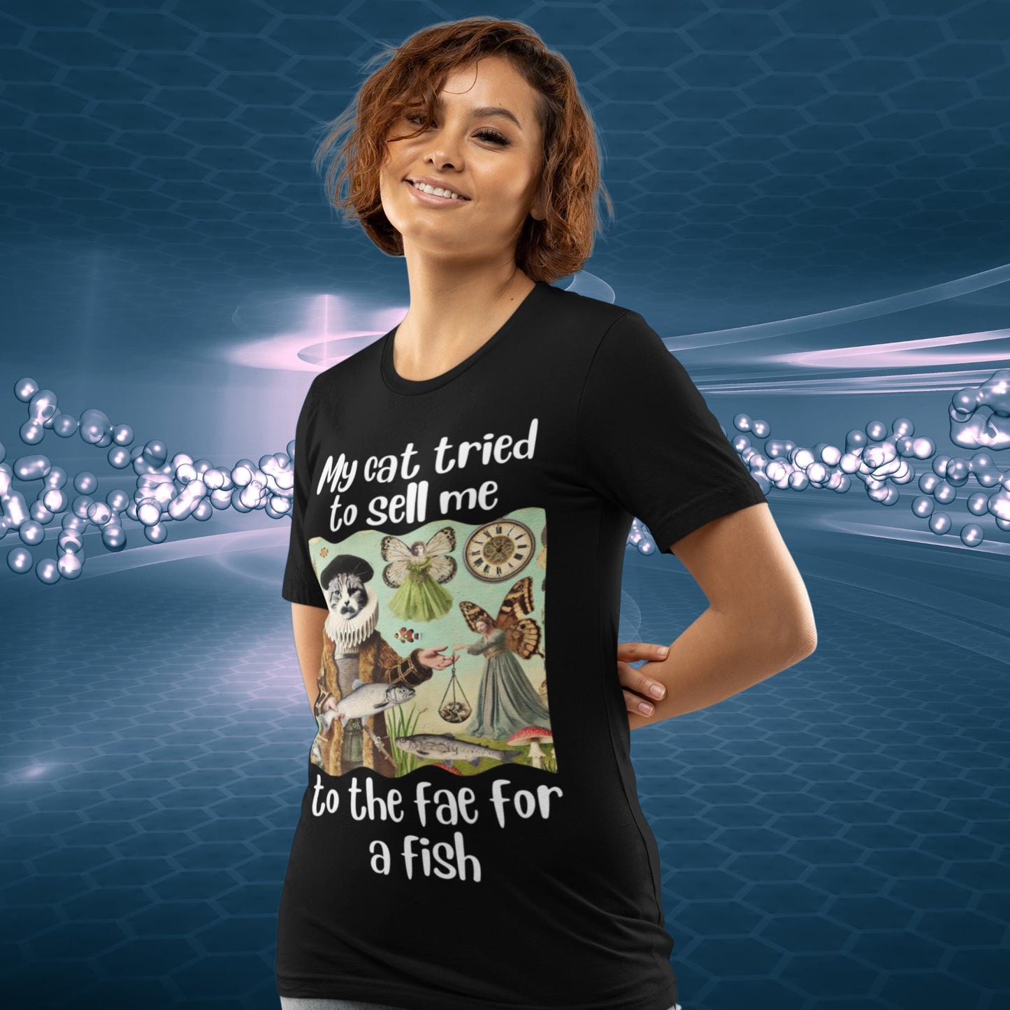 Mischievous cat in fae world, Cat trading human for fish shirt, Vintage cat and fairy artwork, Absurd fantasy humour clothing, Unique quirky cat apparel