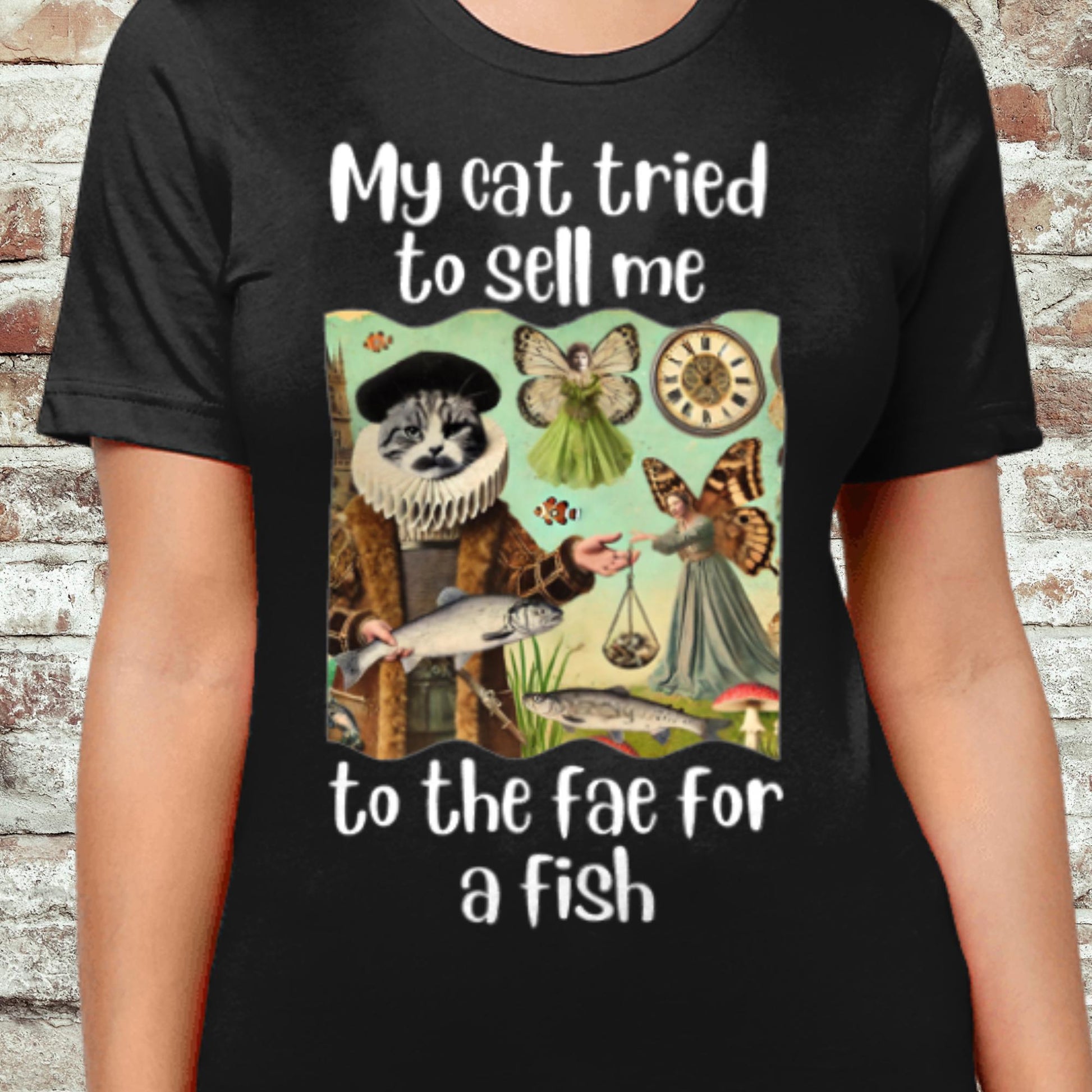 Cat selling human to fae shirt, Funny surreal cat and fish design, Renaissance-style faerie shirt, Whimsical cat fantasy t-shirt, Quirky apparel for cat lovers