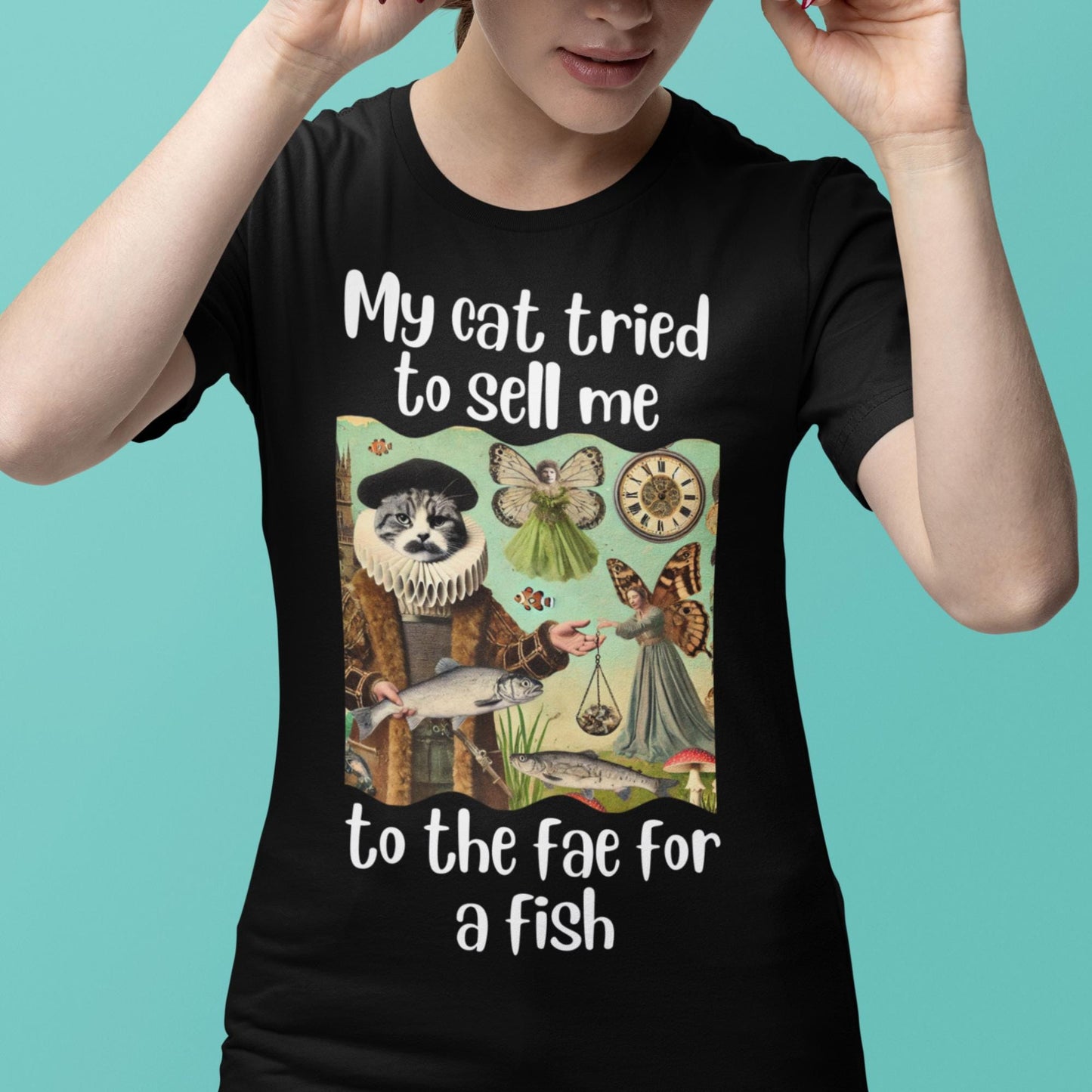 Fantasy folklore cat design, Funny Cat in vintage ruff funny t-shirt, Fae and feline trade humour shirt, Unique t-shirt for whimsical style, Renaissance cat humour apparel