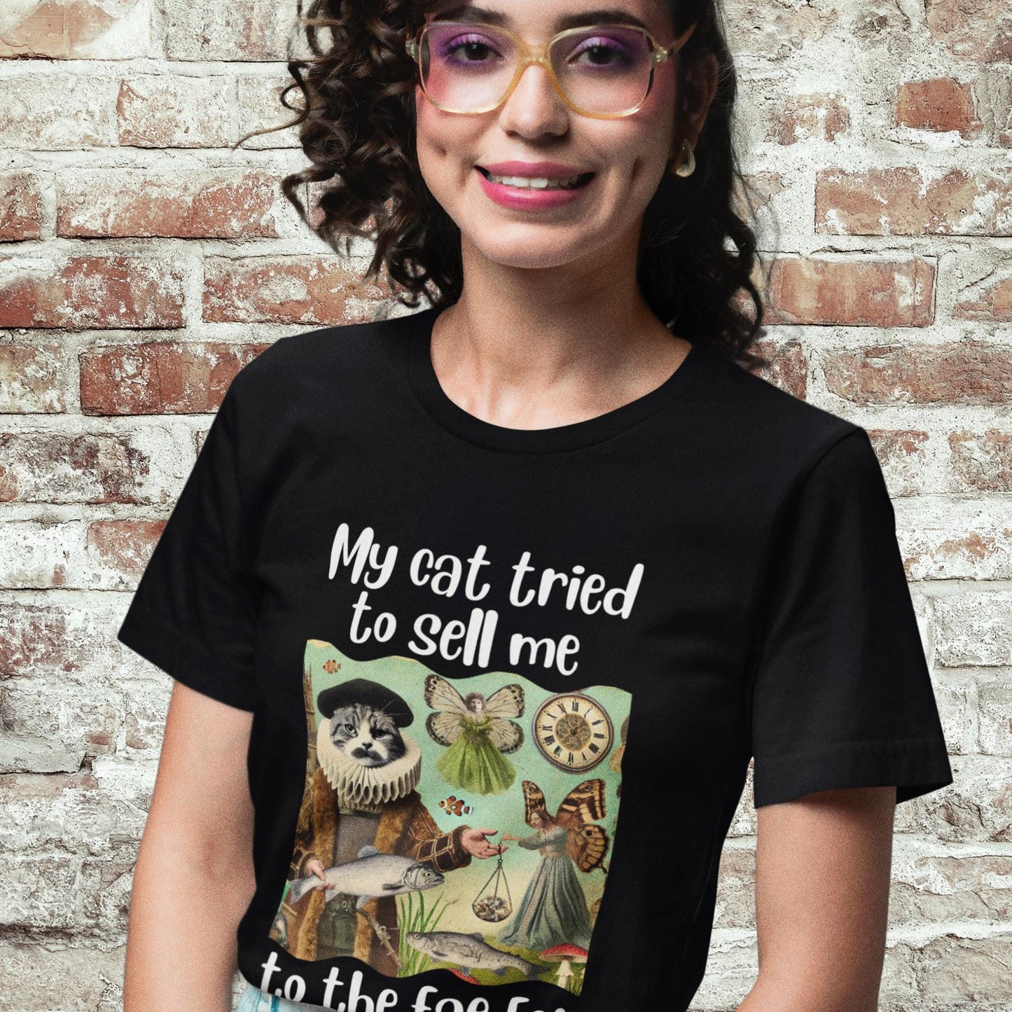 Alternative fashion fantasy t-shirt, Renaissance cat and faerie humour, Funny cat shirt with surreal art, Whimsical feline betrayal design, Quirky gift for cat enthusiasts