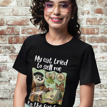 Alternative fashion fantasy t-shirt, Renaissance cat and faerie humour, Funny cat shirt with surreal art, Whimsical feline betrayal design, Quirky gift for cat enthusiasts