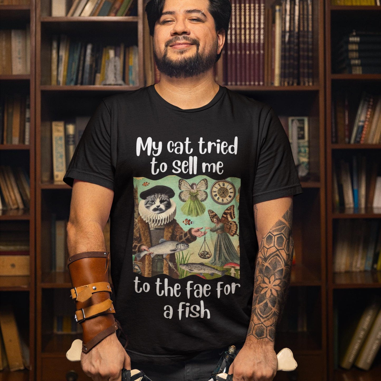 Renaissance cat t-shirt design, Funny fae folklore shirt, Quirky feline and fish illustration, Cat in ruff trading with fae, Whimsical fantasy cat clothing